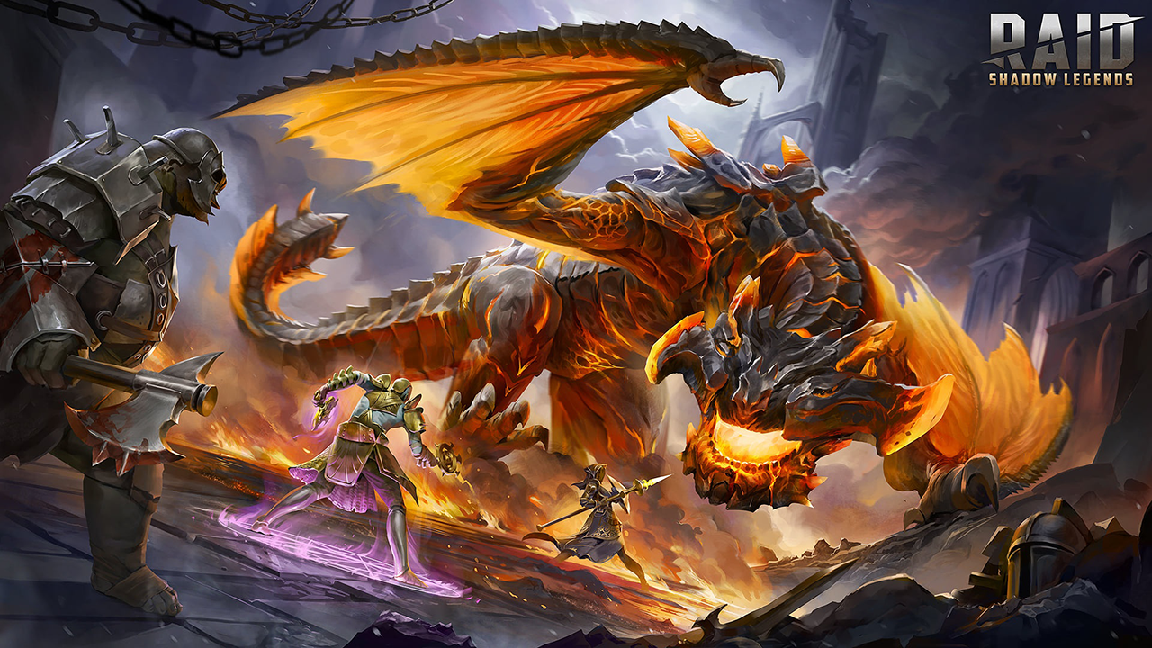 The RAID: Shadow Legends background image with the Magma Dragon.