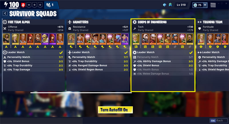 The Survivor Squads section in the Fortnite Save the World interface.