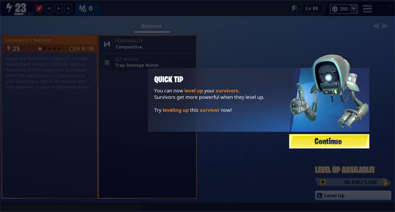 Quick Tip about Leveling Up Survivors in the Fortnite Save the World interface.