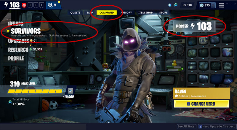 Find the Survivor section in the Command Tab in the Fortnite Save the World interface.